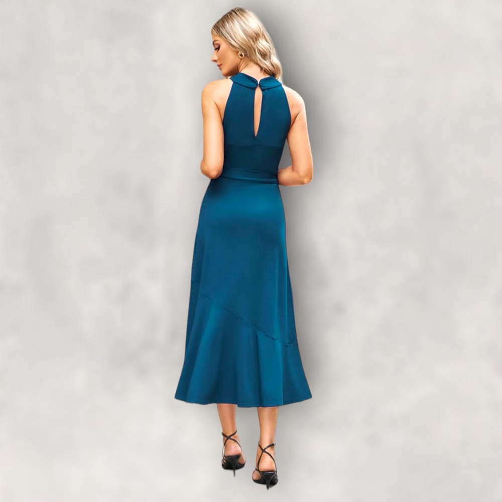 JASAMBAC Midi Criss Cross Halter Neck Sleeveless Ruffle Hem Dress with Belt - Picture 3 of 7